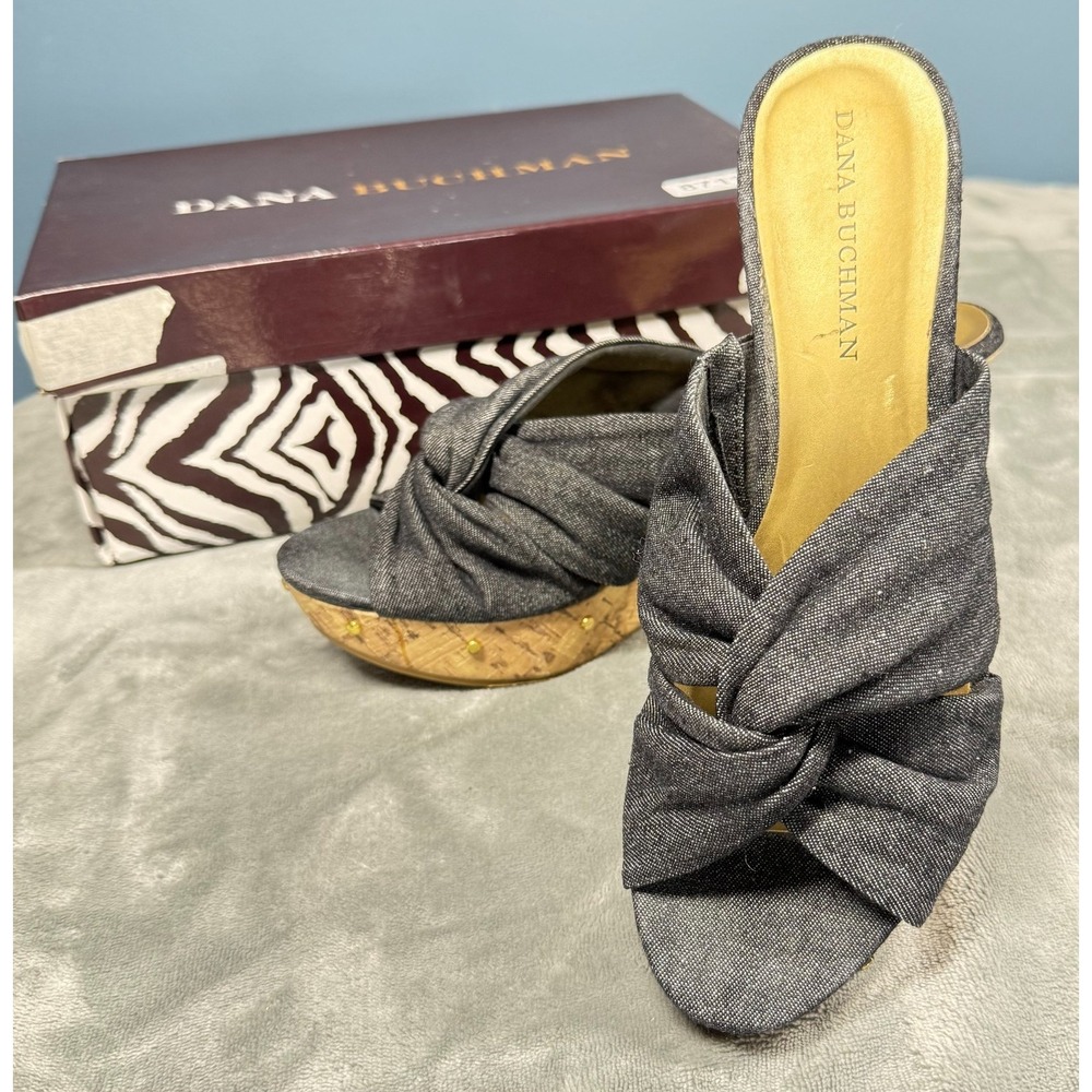 Dana Buchman Wedge Sandals Womens 8.5 Denim Knot Cork Platform Garrett Blue